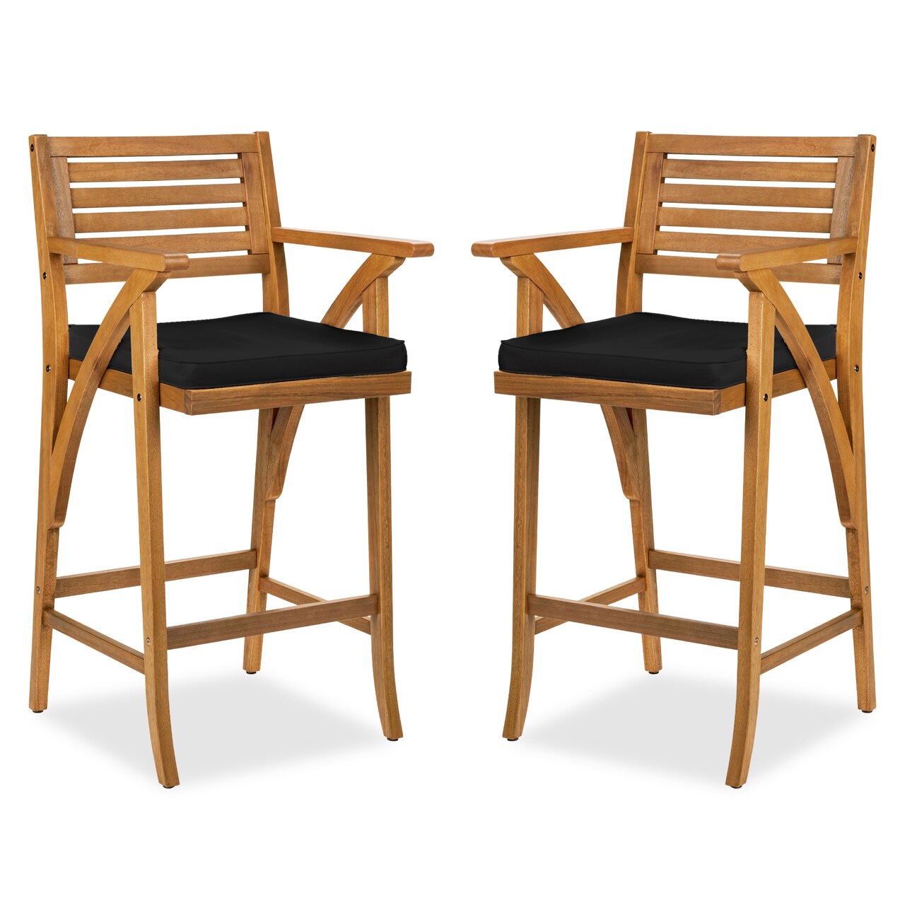Best Choice Products Set of 2 Outdoor Acacia Wood Bar Stools Bar Chairs w/ Weather-Resistant Cushions